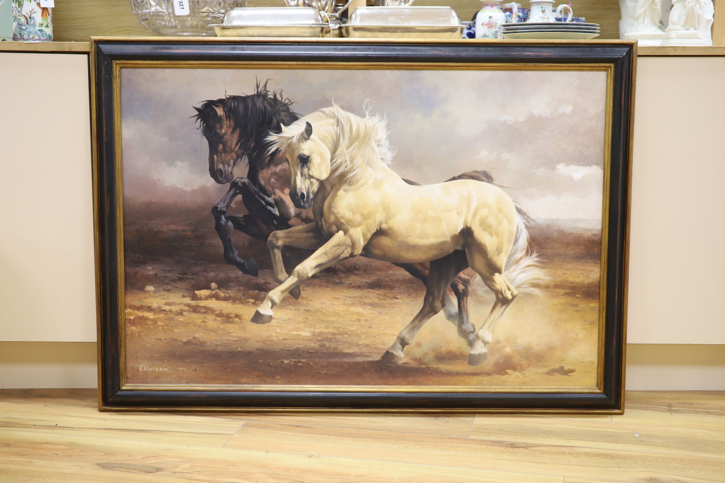 Tony Butler (1945-), oil on canvas, Two running horses, signed, 70 x 106cm